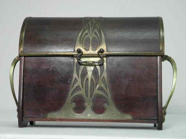 Appraisal: A rosewood desktop letter box with Jugendstil style brass overlay