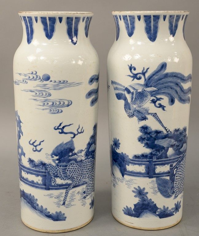 Appraisal: Pair of blue and white sleeve form porcelain vases th