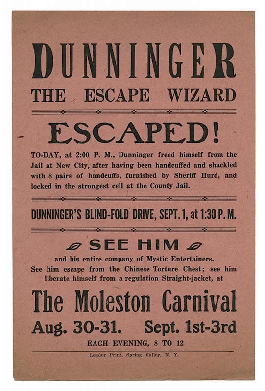 Appraisal: Dunninger Escape Wizard Handbill Moleston Carnival Dunninger Joseph Dunninger Escape