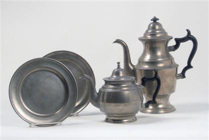 Appraisal: Two pewter plates pewter coffeepot and teapot rhode island maine