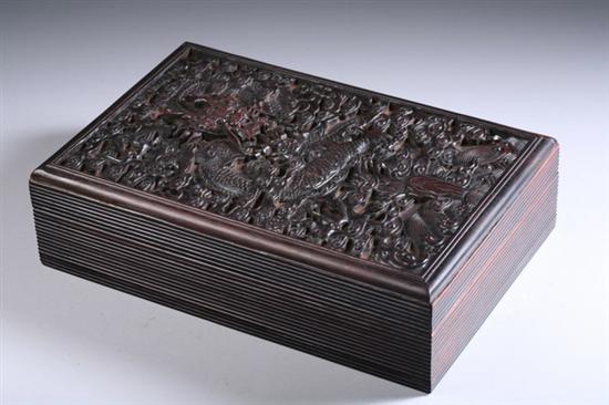 Appraisal: CHINESE ZITAN BOX th th century Dragon decoration in high