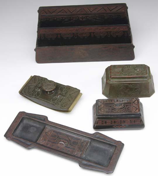 Appraisal: TIFFANY STUDIOS Five desk set pieces in the Aztec pattern