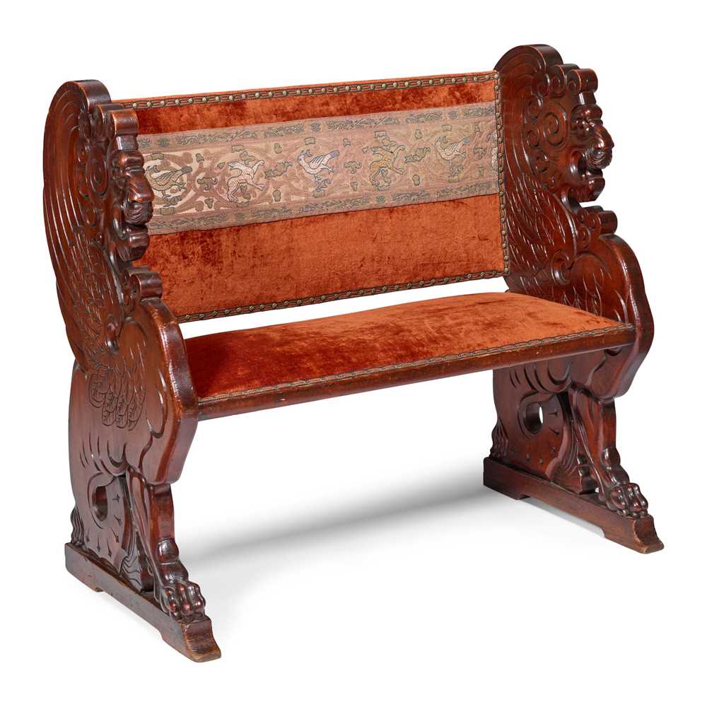 Appraisal: ENGLISH HALL BENCH CIRCA pine with later antique velvet- close-nailed