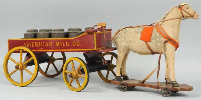 Appraisal: Early American Milk Co Horse-Drawn Wagon Toy Wooden wagon with