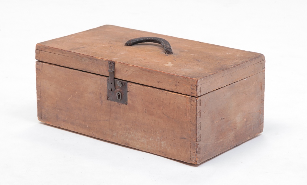 Appraisal: AMERICAN DECORATED TRUNK Mid th century pine Dovetailed with original