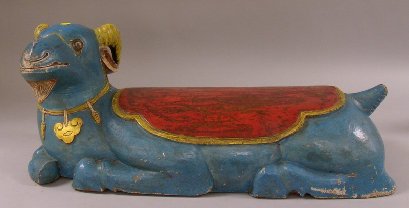 Appraisal: Asian Polychrome Painted Carved Wood Recumbent Ram lg in