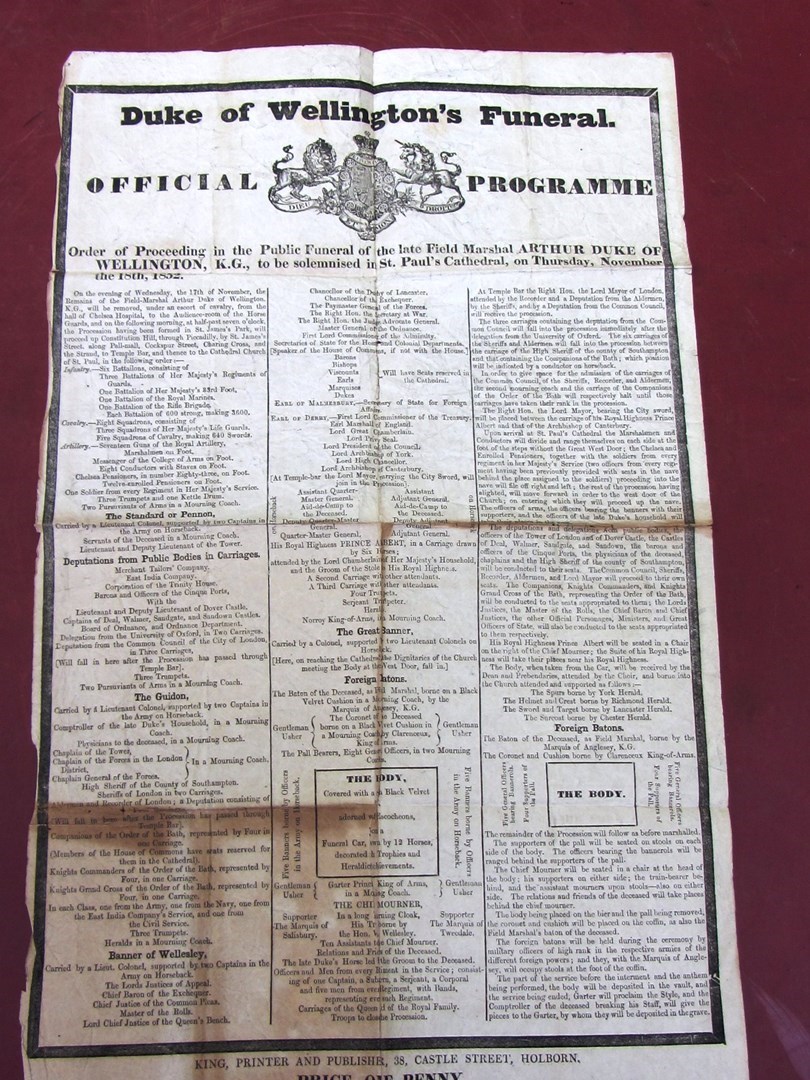 Appraisal: WELLINGTON Duke of Wellington's Funeral Official Programme broadside printed within