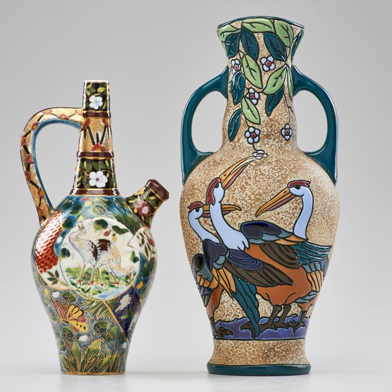 Appraisal: AMPHORA FISCHER BUDAPEST Carved and painted two-handled vase marked Amphora