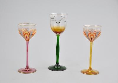 Appraisal: Three Enameled Cordial Glasses The three stemware glasses outlined in