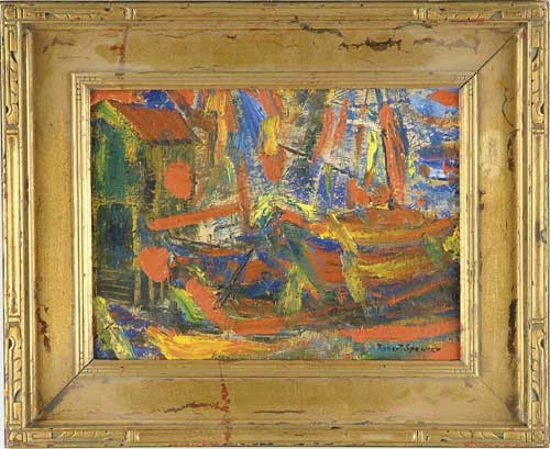 Appraisal: ROBERT SPENCER American - BOATS AT DRY DOCK Impressionistic oil