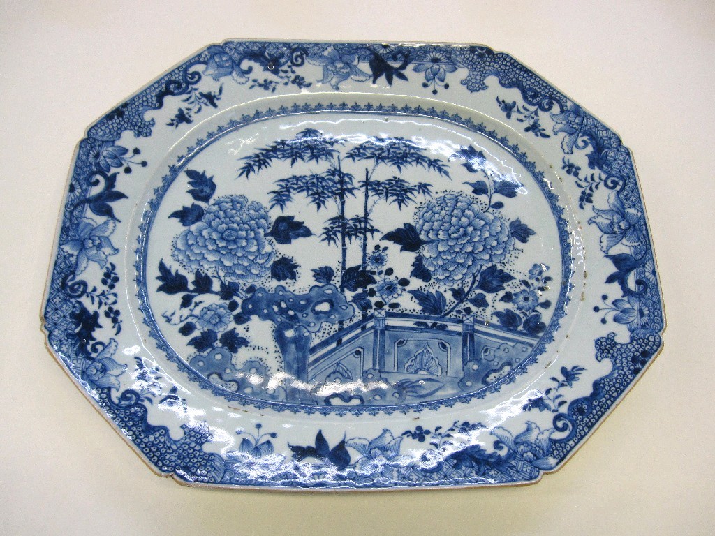 Appraisal: Oriental blue and white platter decorated with chrysanthemums and bamboo