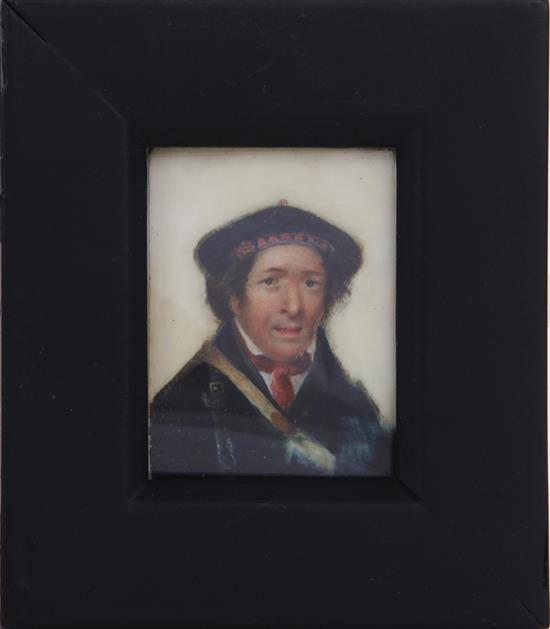 Appraisal: Continental portrait miniature th century HUNTSMAN watercolor framed unsigned H