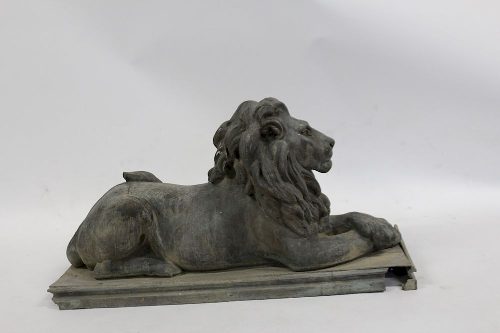 Appraisal: Antique Zinc Recumbent Lion Architectural Sculpture From a Pelham Manor