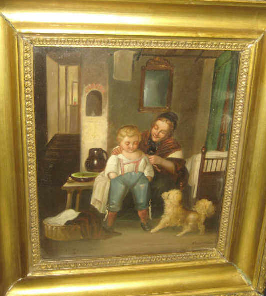 Appraisal: MAIERKEIM TH CENTURY Interior with mother child and dog oil