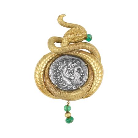 Appraisal: Gold Silver Coin and Emerald Bead Snake Clip-Brooch Estimate -