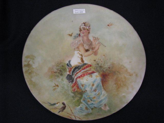 Appraisal: Victorian Handpainted Satin Glass Charger maiden in the garden signed