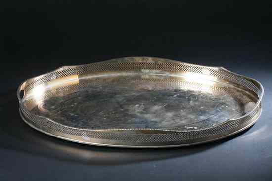 Appraisal: ENGLISH SILVER PLATED ARMORIAL GALLERY TRAY Early-to-mid th century Oval