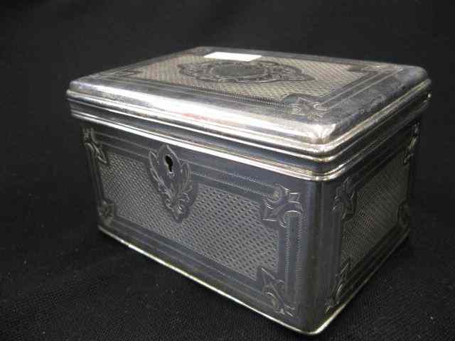 Appraisal: Silverplate Tea Caddy Box fancy engine turned case locking ''