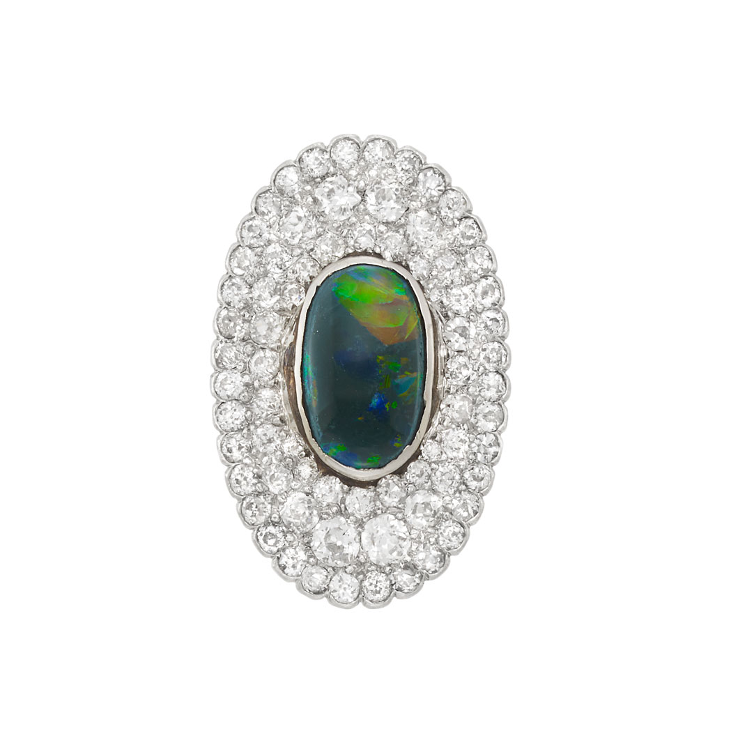 Appraisal: Antique Platinum Gold Black Opal and Diamond Ring One oval