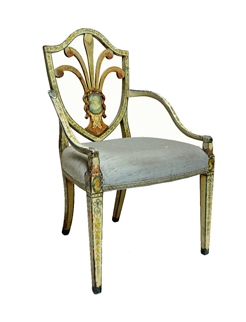 Appraisal: A George III ivory and blue painted open armchair with