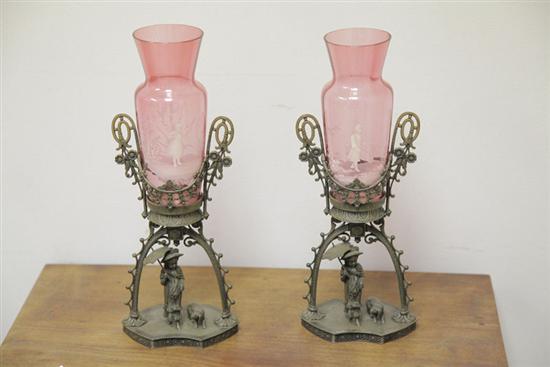 Appraisal: TWO CRANBERRY GLASS VASES ON STANDS Each having Mary Gregory