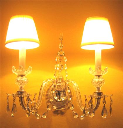 Appraisal: Pair of two arm glass wall lightsHung with prisms and