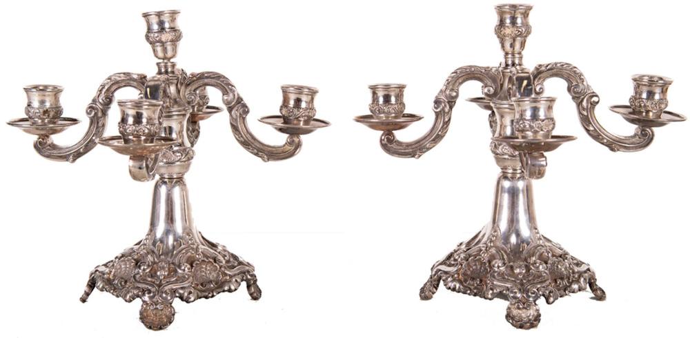 Appraisal: PAIR OF PORTUGUESE SILVER CANDELABRA total troy ounces inches wide