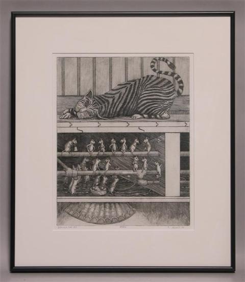 Appraisal: ARTHUR GEISERT BELLING THE CAT Etching x in sight Framed