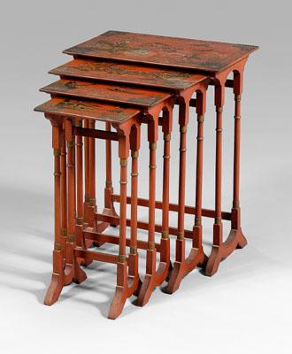 Appraisal: Nest of four red japanned side tables each with japanned