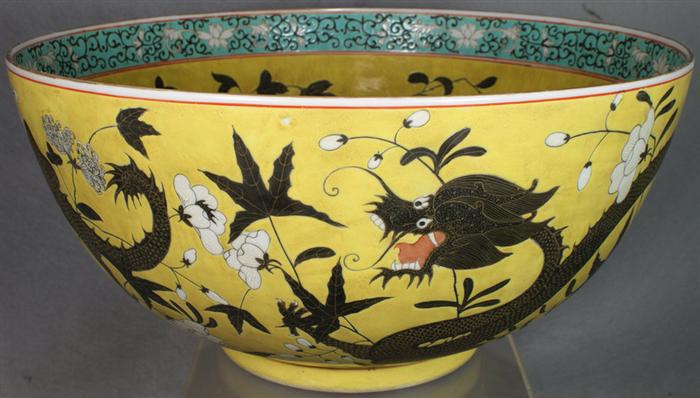 Appraisal: Famille jaune Chinese enameled porcelain punch bowl turquoise band and