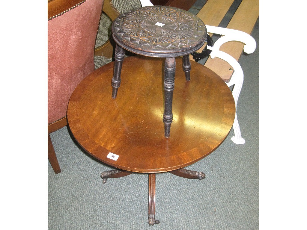 Appraisal: Lot comprising carved hardwood stool and a pedestal table