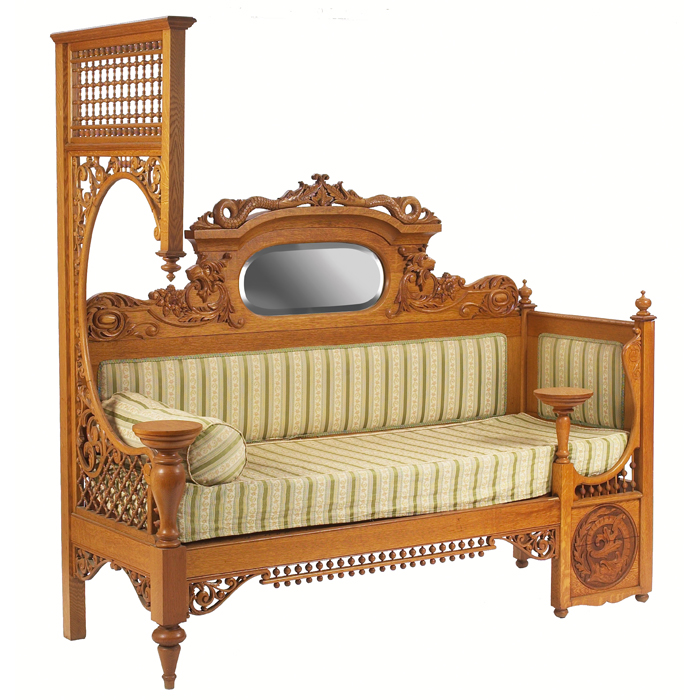 Appraisal: Victorian daybed upholstered form with mirror to back and carved