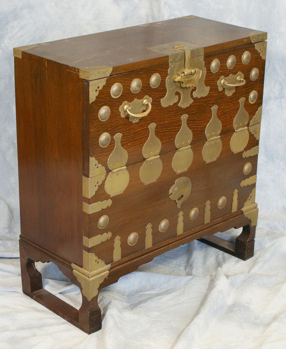 Appraisal: Oriental teakwood chest with fall front and brass mounts w