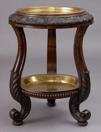 Appraisal: GEORGE IV BRASS-MOUNTED CARVED ROSEWOOD TWO-TIER STAND The ring top