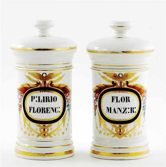 Appraisal: Pair French painted porcelain apothecary jars circa dome cover on