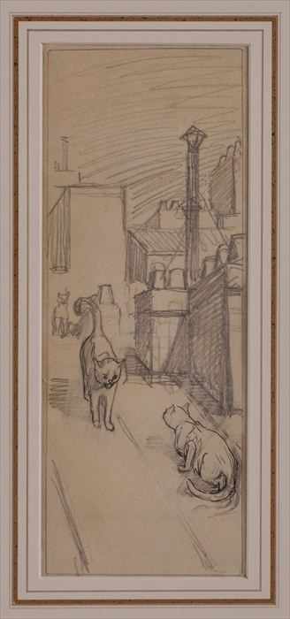 Appraisal: ATTRIBUTED TO THEOPHILE STEINLEN CATS ON ROOFTOPS Pencil and ink