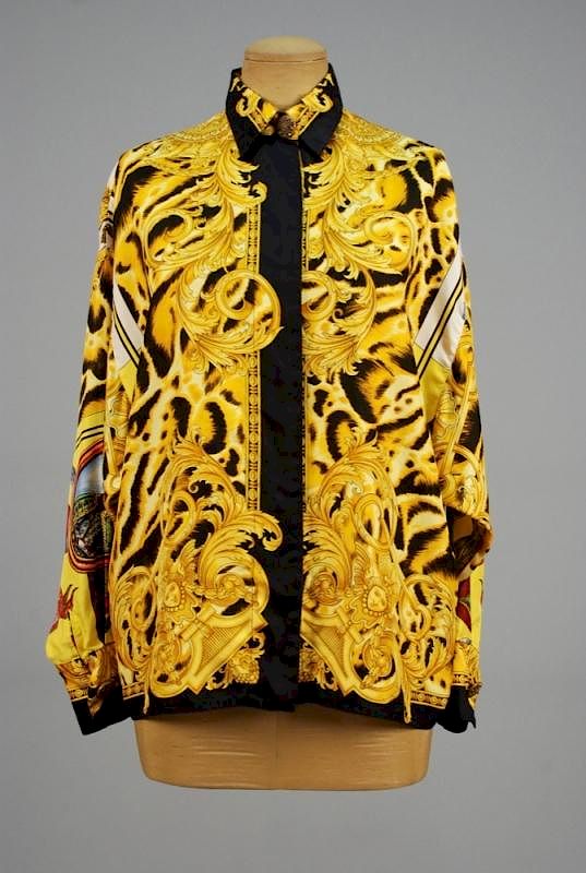 Appraisal: VERSACE PRINTED SILK BLOUSE and FIVE DESIGNER SCARVES Scarf print