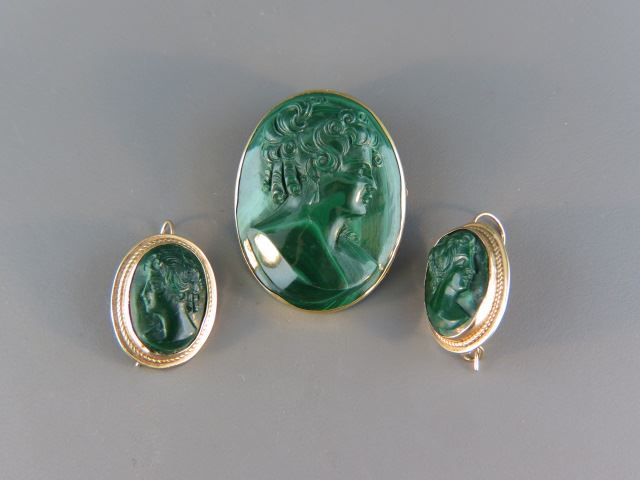 Appraisal: Carved Malachite Cameo Pin Earring Suite portraits of a lady