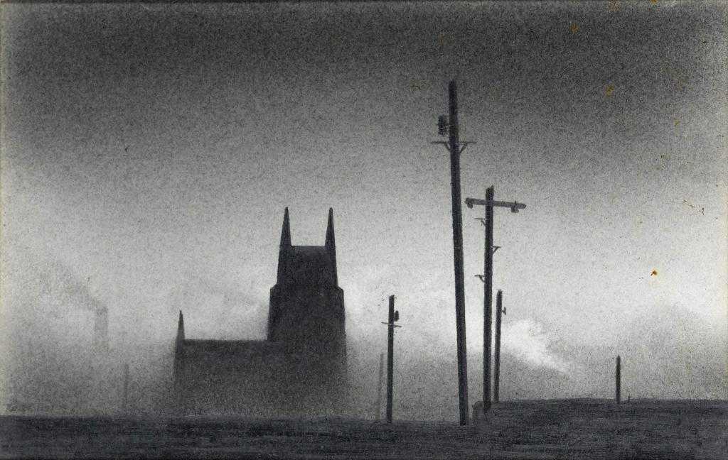 Appraisal: TREVOR GRIMSHAW - TELEGRAPH POLES AND CHURCH signed and inscribed