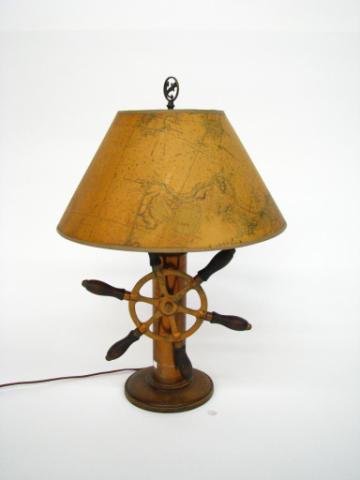 Appraisal: Copper finished ships wheel motif lamp with nautical map shade