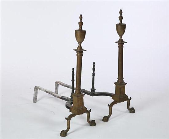 Appraisal: PAIR OF BRASS CHIPPENDALE-STYLE ANDIRONS Twentieth century Urn and flame