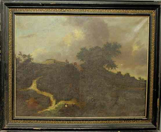 Appraisal: Oil on canvas landscape painting of figures walking on a