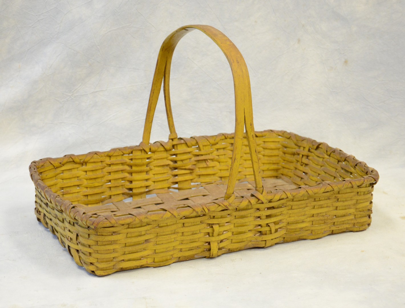 Appraisal: Oak splint rectangular gathering basket chrome yellow paint functional split