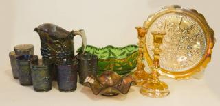 Appraisal: Carnival Glass Pitcher Glasses Delaware Pattern Green Bowl Ruffled Bowl