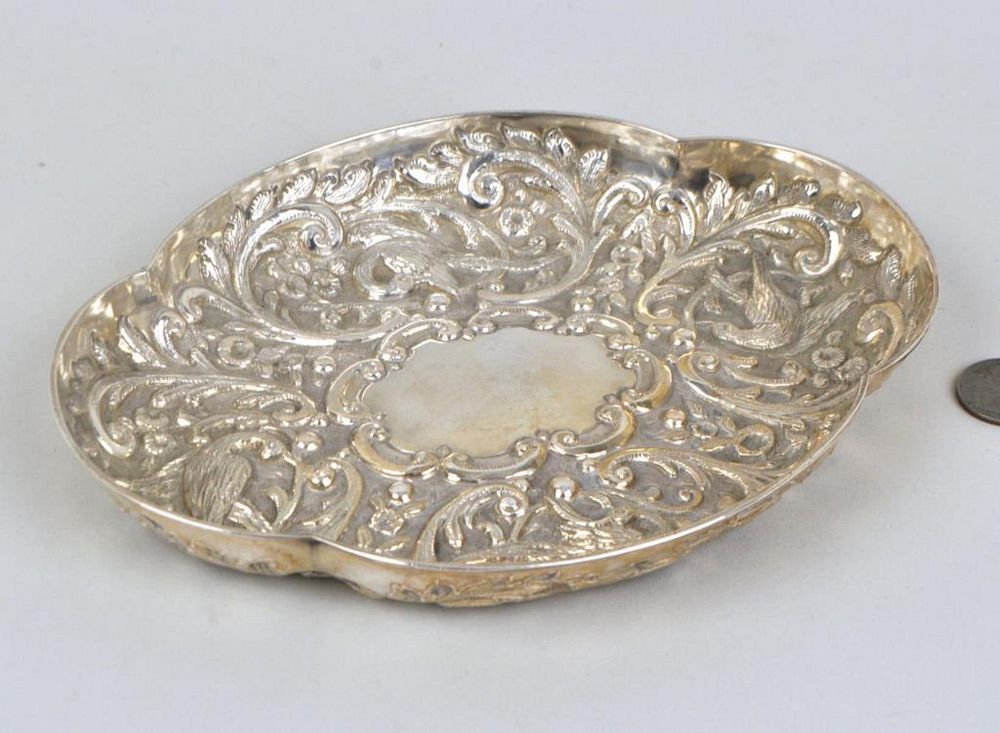 Appraisal: English Sterling Repousse Tray in bird and floral decoration made