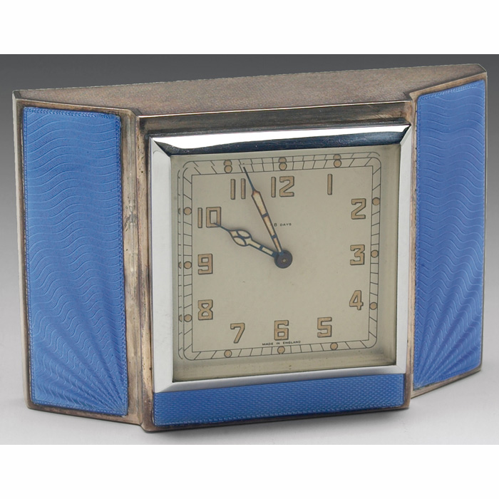 Appraisal: Art Deco clock silver frame with blue enamel wood back