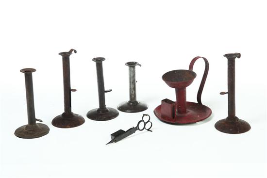 Appraisal: FIVE HOGSCRAPER CANDLESTICKS WICK TRIMMER AND CHAMBER LAMP American and