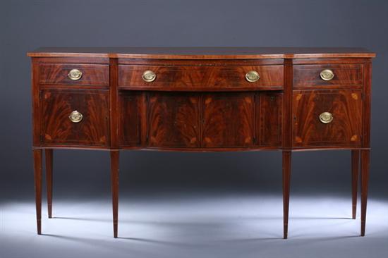 Appraisal: NEOCLASSICAL HEPPLEWHITE STYLE INLAID MAHOGANY SERPENTINE SIDEBOARD th century Shaped