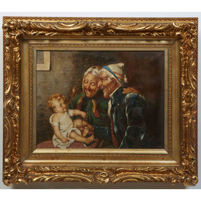 Appraisal: American School Grandparents with Baby early th c oil on