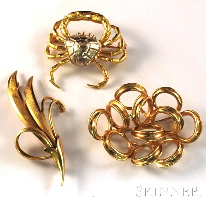 Appraisal: Three Gold Brooches a Tiffany Co kt gold botanical pin